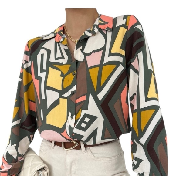 Big Dart Graphic Abstract Button Down Shirt Olive,Brown,Salmon,Mustard Sz L - Picture 2 of 11